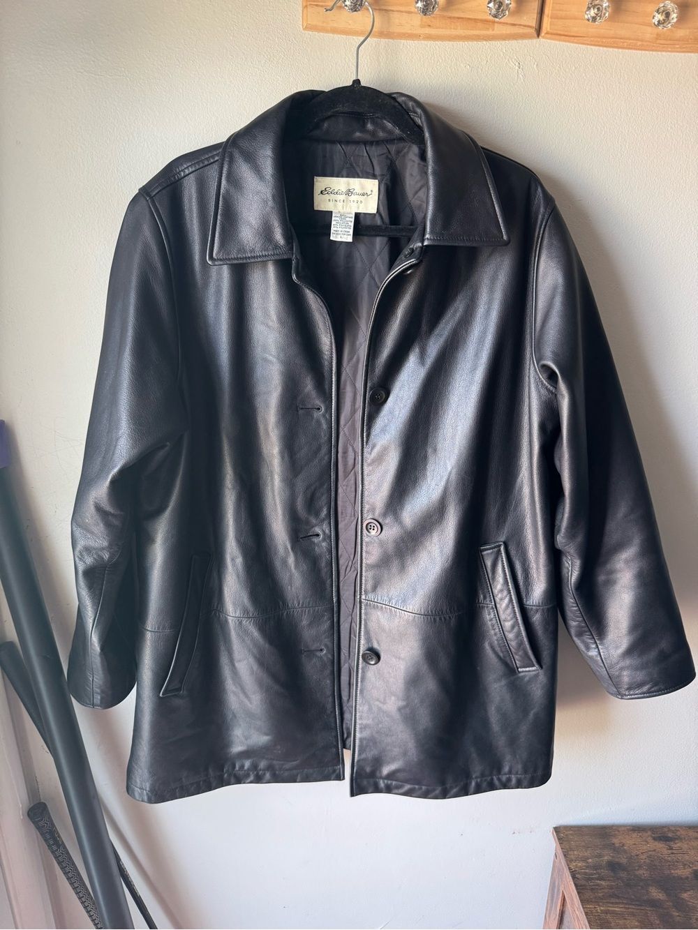 Vintage Eddie Bauer Black Leather Coat Mens Large Quilted Lined Car Jacket